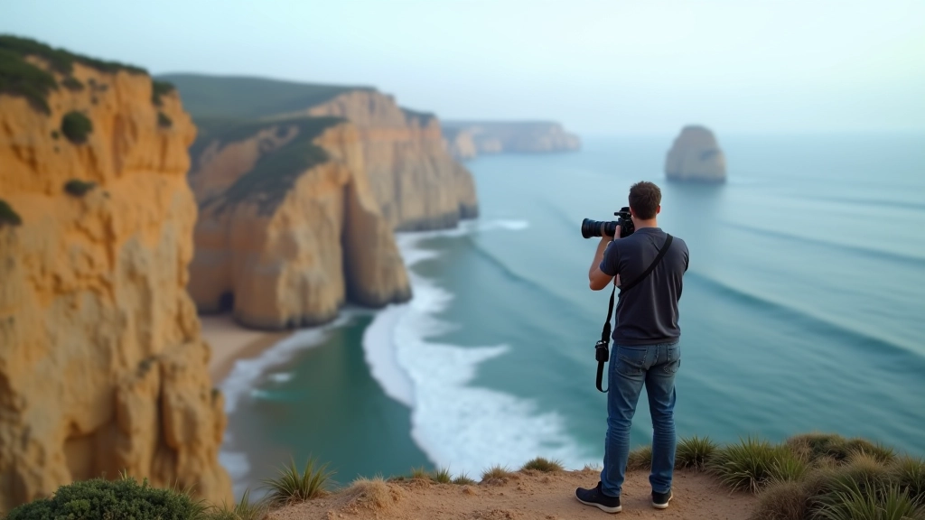 Person with camera on coastal cliffs overlooking ocean