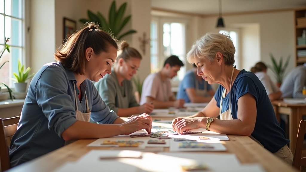 Adults in mosaic workshop sitting together at work table, focused on creating colorful tile art in bright studio space