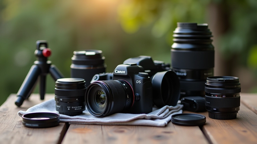 Camera equipment laid out on wooden table: DSLR camera, lenses, tripod, filters, and cleaning supplies outdoors