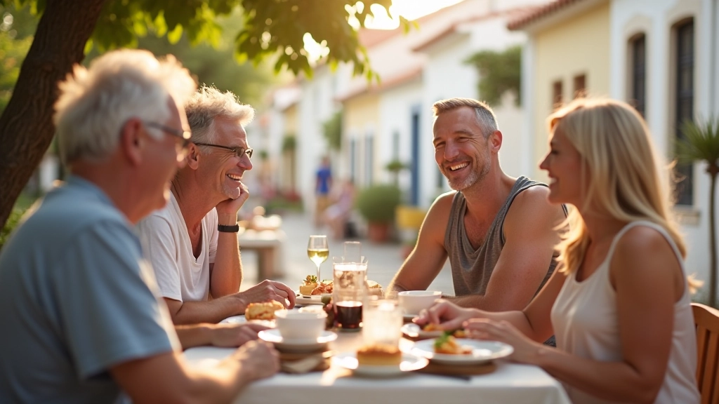 People sitting at a cafÃ© table after a cycling ride, enjoying drinks and conversation in a Portuguese village