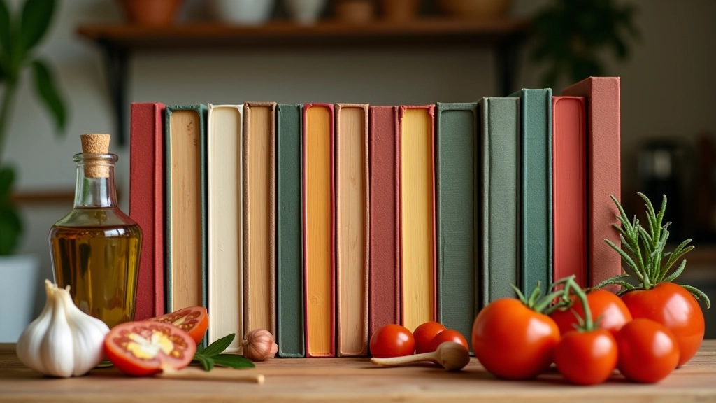 Cookbook shelf with various colorful cookbooks, Mediterranean ingredients visible - olive oil bottle, garlic, tomatoes on counter