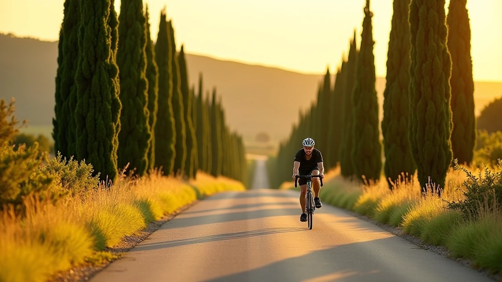 Cyclist riding on a tree-lined country road in rural Portugal with rolling hills in the distance