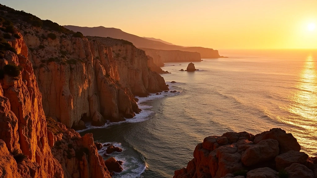Dramatic coastal sunset scene with golden light illuminating rocky cliffs and calm ocean water, Portugal