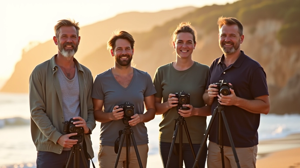 Group of photographers standing on sandy beach at golden hour with camera equipment, Portugal coastline in background