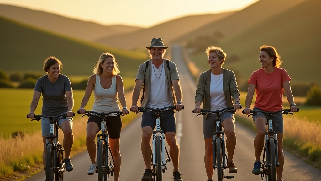 Group of cyclists aged 40-60 standing together with bikes on a rural Portuguese road, smiling and chatting before a ride