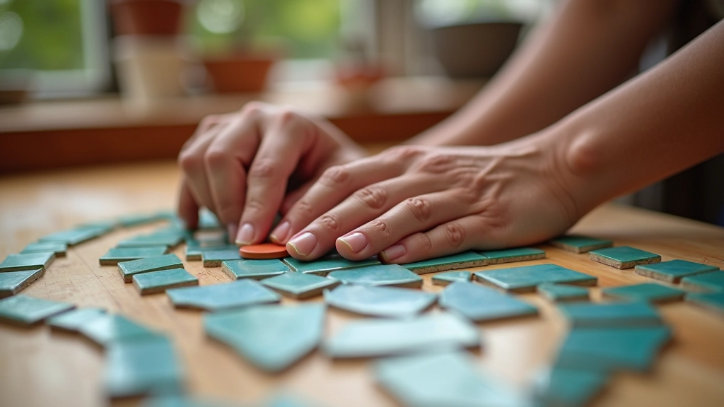 Hands working with colorful mosaic tiles on a wooden table, clay pieces scattered around