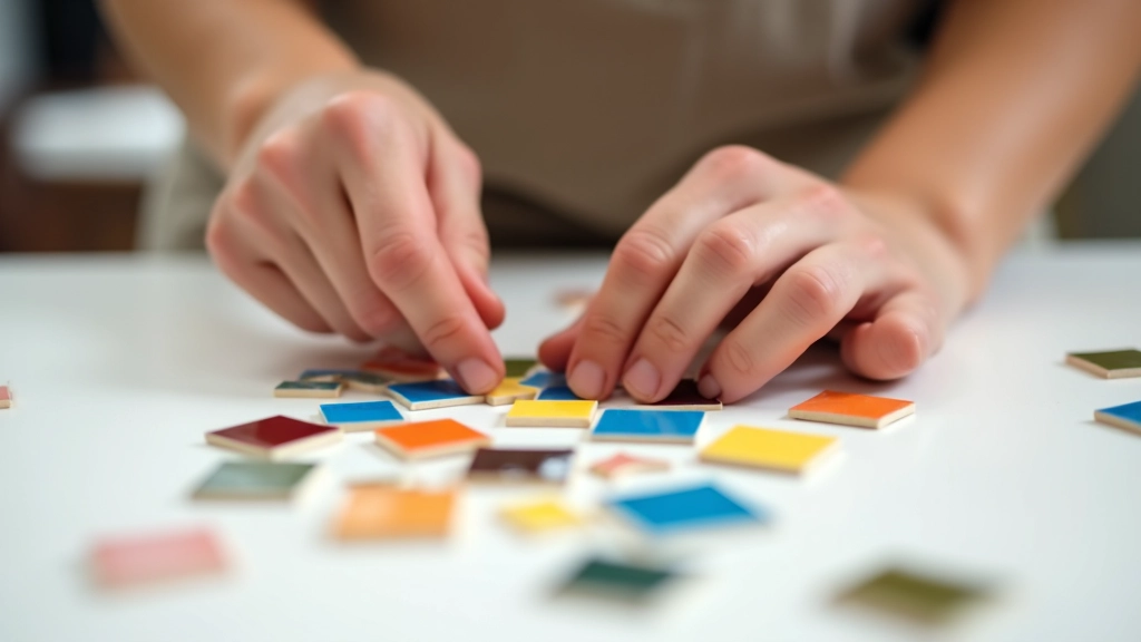 Hands working on colorful mosaic tiles