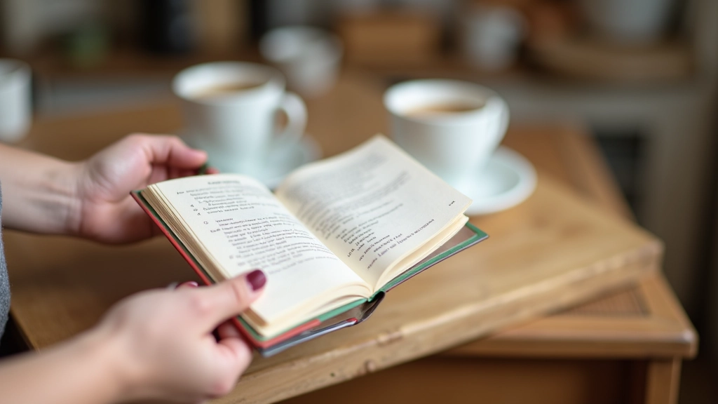 Hands holding open cookbook with handwritten notes on margins, coffee cup nearby on kitchen counter