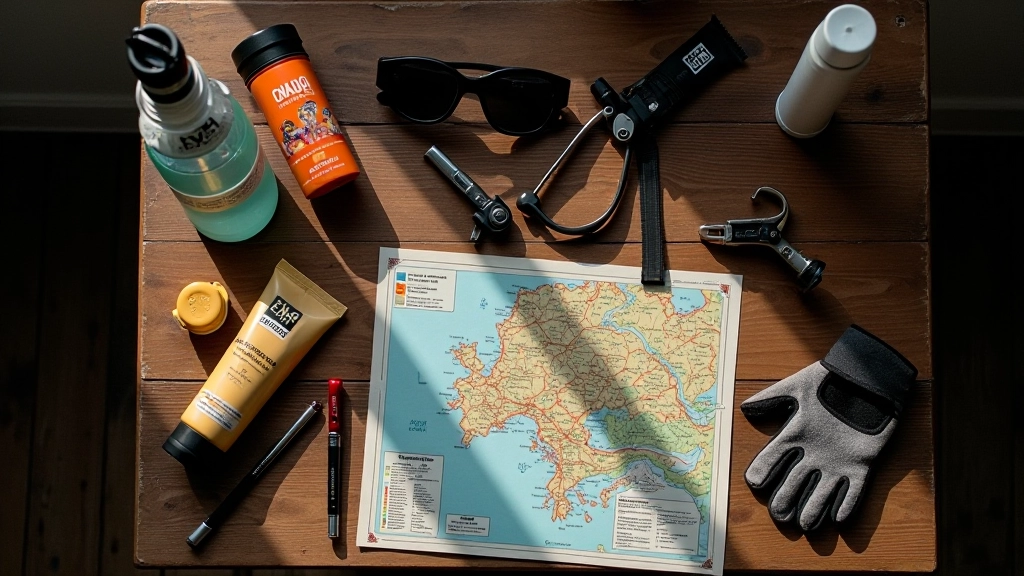 Close-up of cycling gear laid out on a wooden table including water bottles, sunscreen, snacks, and a repair kit