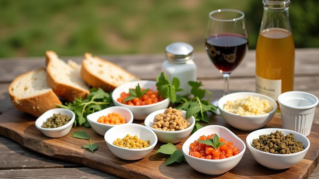 Table arrangement with small white ceramic bowls containing different food samples, wine glasses, fresh herbs garnish, rustic wooden table
