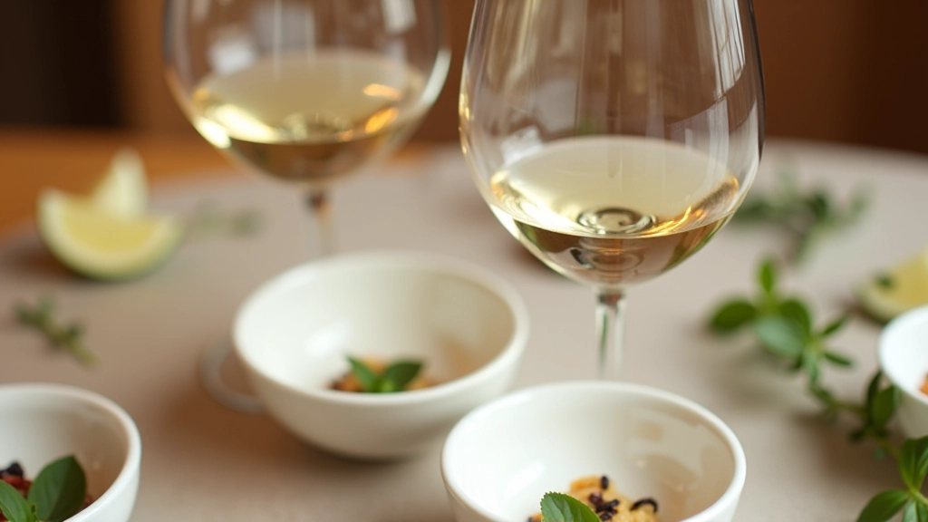 Table setting with wine glasses, small ceramic bowls with food samples, and fresh herbs on white tablecloth