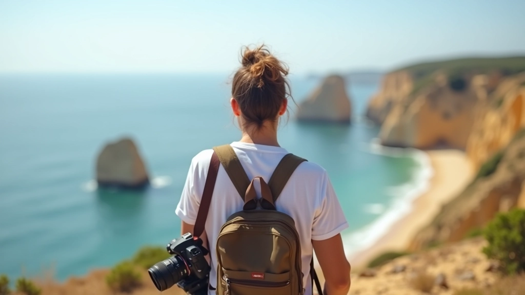 Photographer with camera on tripod standing on coastal cliff overlooking rocky Portuguese coastline and ocean