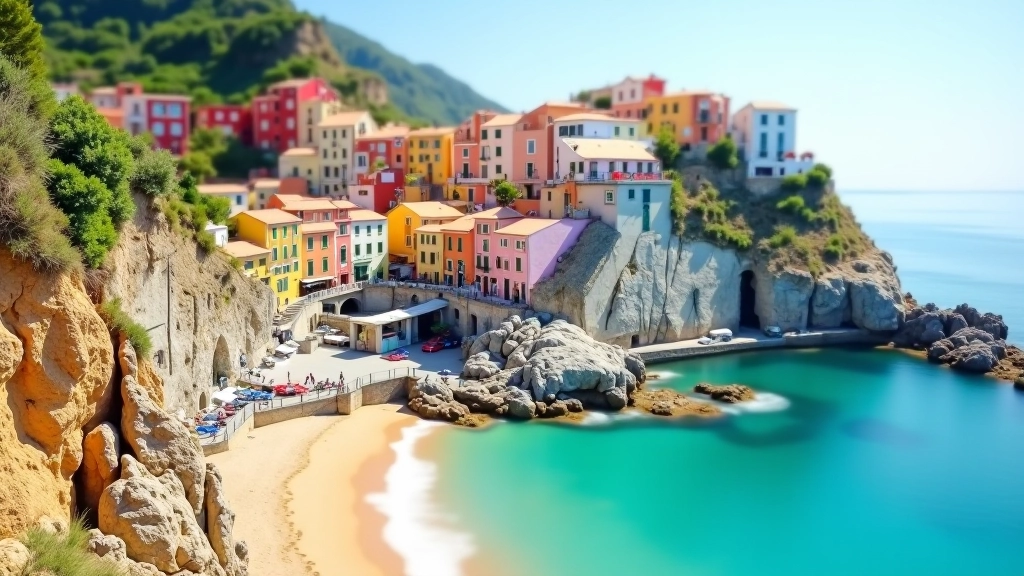 Scenic coastal town view with colorful buildings perched on cliffs overlooking turquoise water and sandy beach