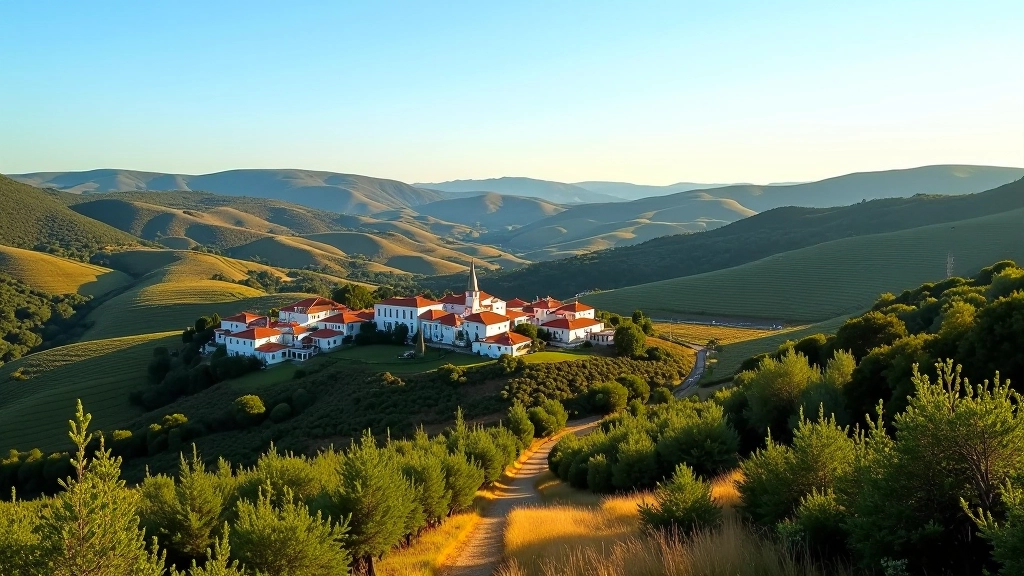 Wide landscape view of Portuguese countryside with vineyards, small villages scattered in valleys, and mountains in the distance under blue sky
