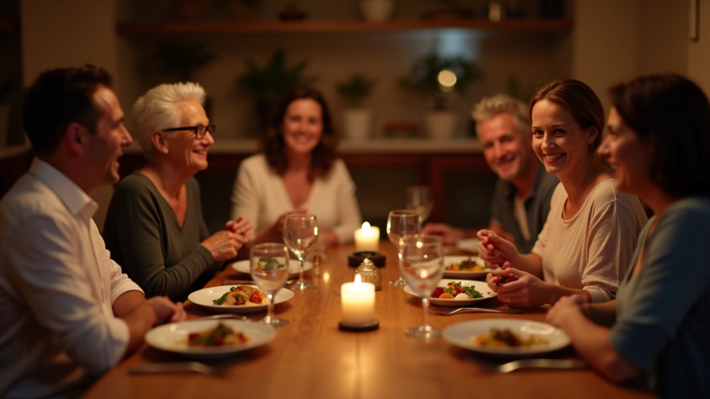 Group of six adults seated around a wooden table with various Portuguese dishes, wine glasses, and fresh bread, candlelit evening setting